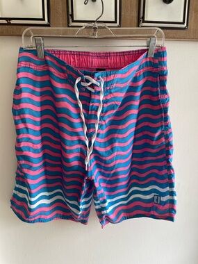 johnnie-O Pink & Blue Wave Stripe Swim Shorts